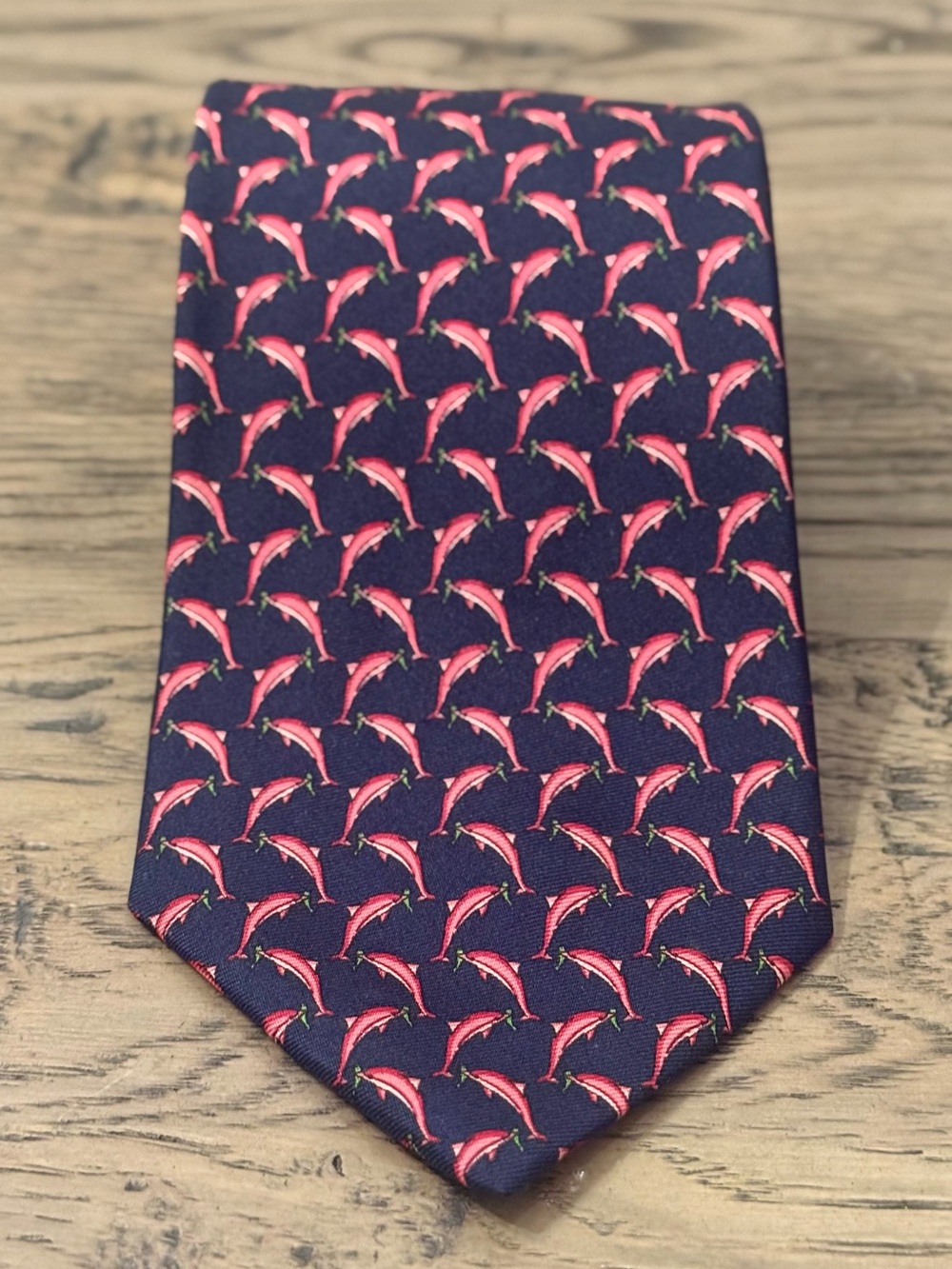 Brooks Brothers Navy Tie with Pink Dolphin Pattern